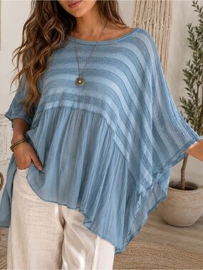 LiaBella Blue Oversized Tunic Top Boho Coastal Lightweight Knit beach Lagenlook